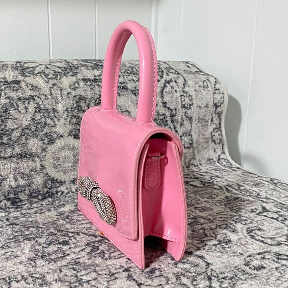 Pink Single Handle Mini Patent Handbag Rhinestone Bow - Picture 3 of 6